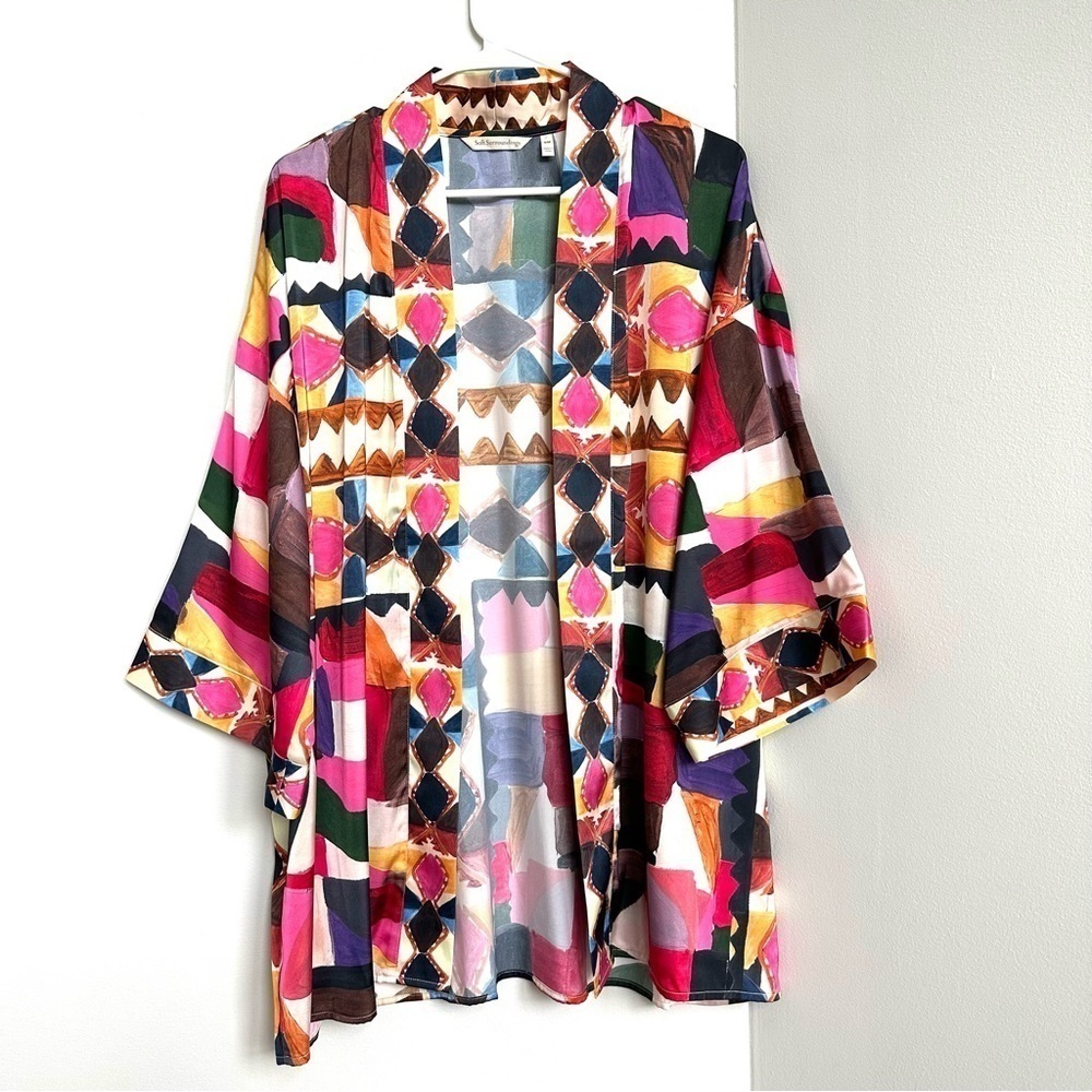 Soft Surroundings Kimono Cardigan Geometric Multicolor Tribal Print